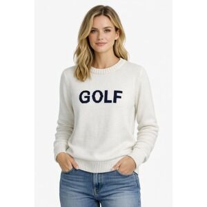 Ellsworth + Ivey Golf Sweater Womens White Navy Blue Intarsia Crewneck Knit M